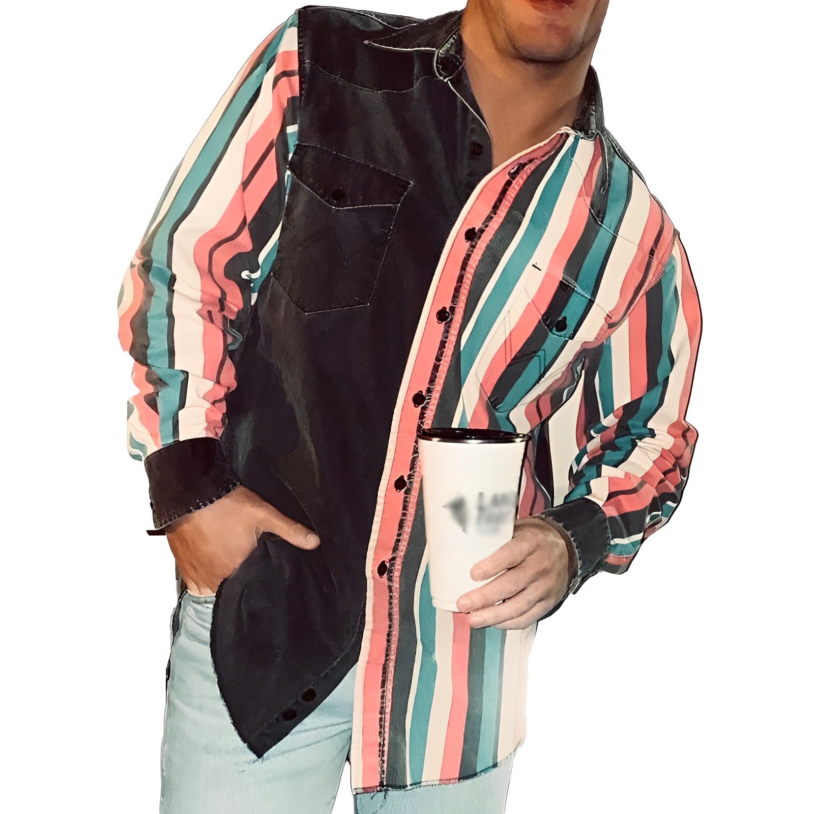 Camisa de manga larga suelta con estampado de bloques de color retro para hombre 57994496M