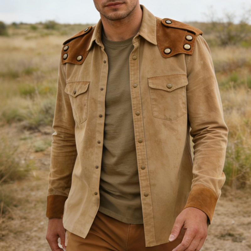 Men's Retro Casual Faux Suede Button-Up Lapel Long-Sleeve Shirt MTA1192L8TO