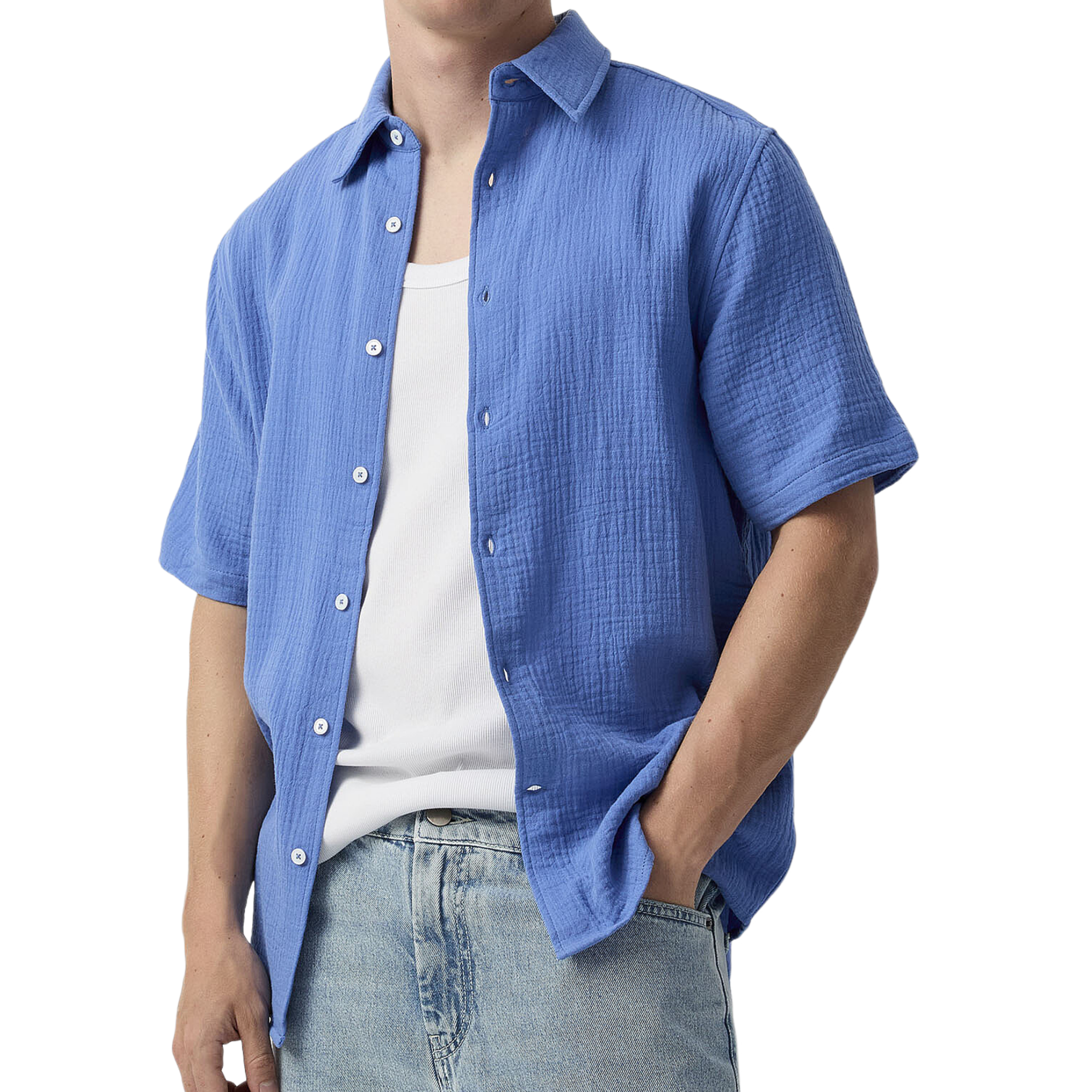 Men's Spring And Summer Casual Pleated Cotton Blended Short Sleeve Shirt MTA1846G9K