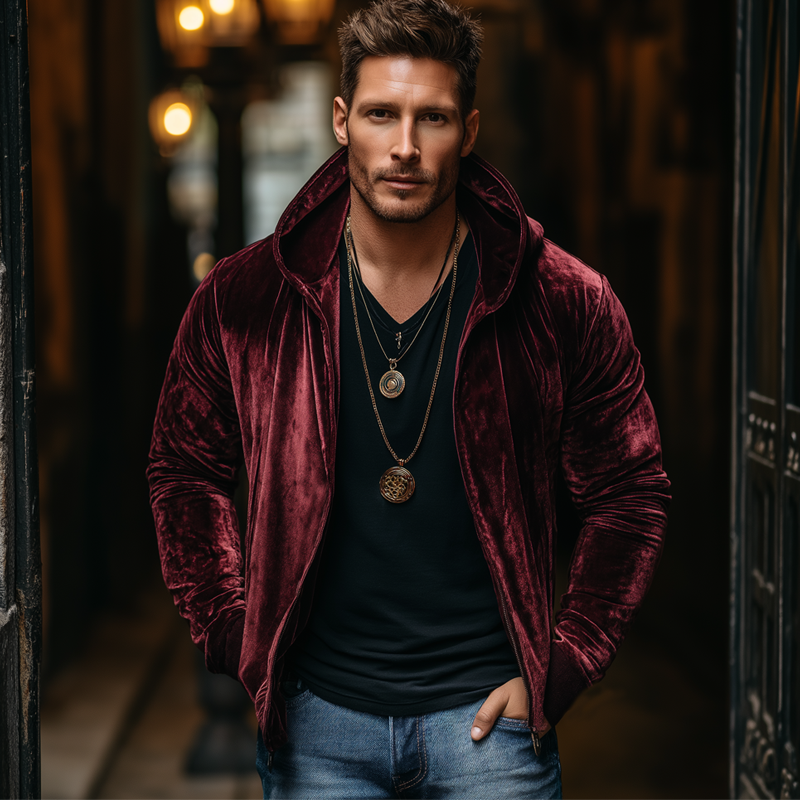 Men's Classic Burgundy Velvet Zip-Up Hooded Jacket MTA0500K6U