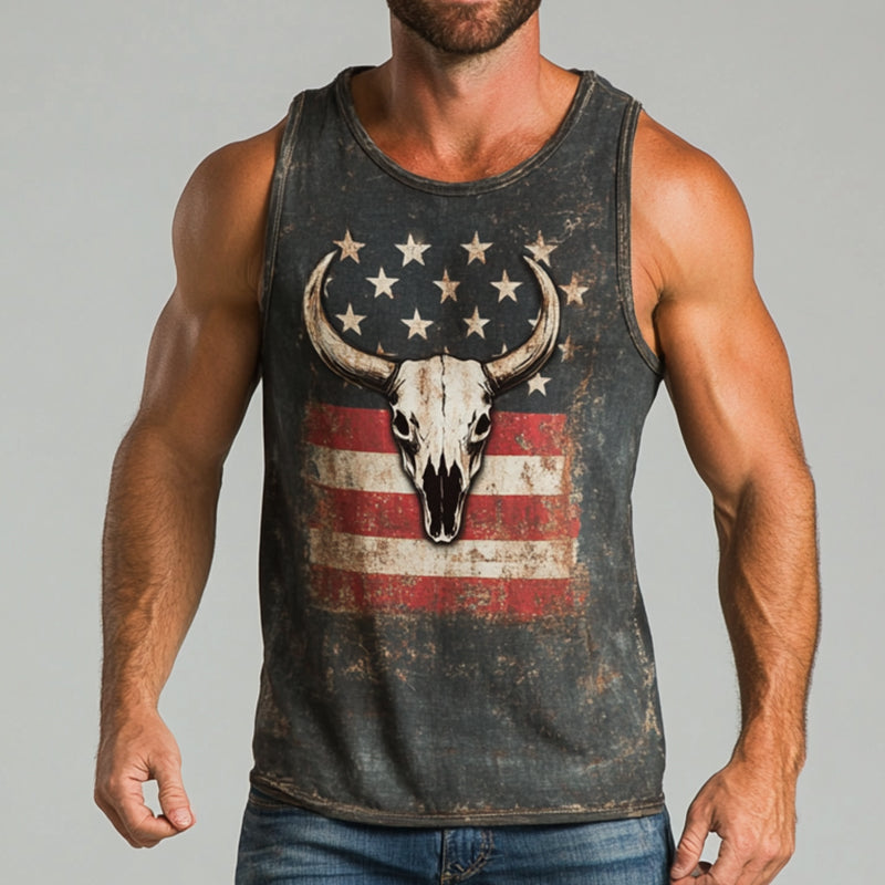 Men's Retro Casual Western Cowboy Style American Flag Printed Crew Neck Tank Top MTA0620E3TO
