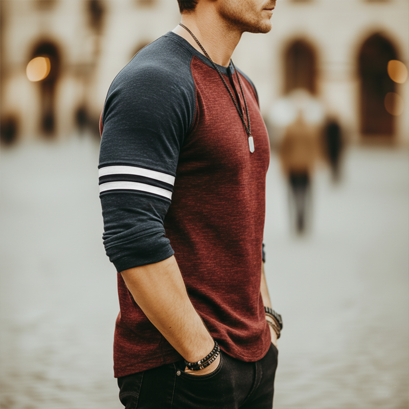 Men's Urban Cotton Blend Color Block Three-Button Henley Collar Long-Sleeve T-Shirt MTZ0797A2U