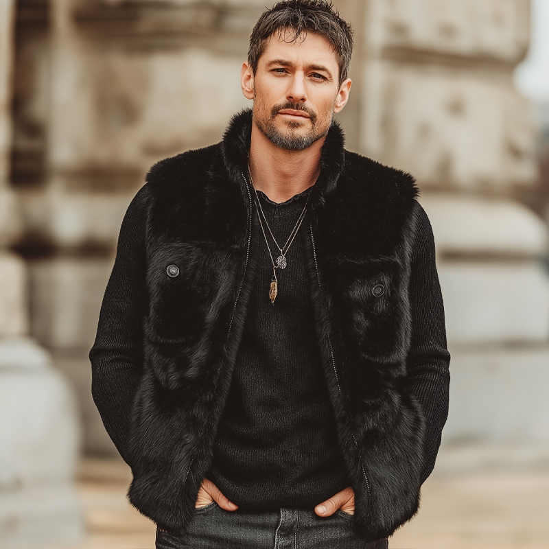 Men's Midnight Black Luxury Stand Collar Plush Faux Fur Vest MTA0713K7U