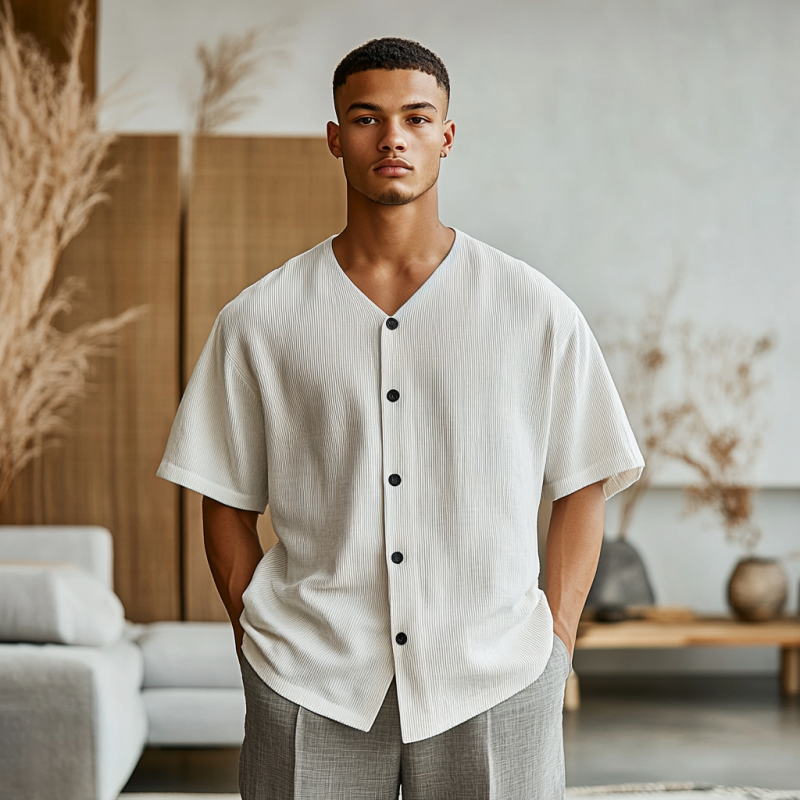 Men's Casual Cotton Blended Stripe V-Neck Single-Breasted Loose Short-Sleeved Shirt MTA2937D6M