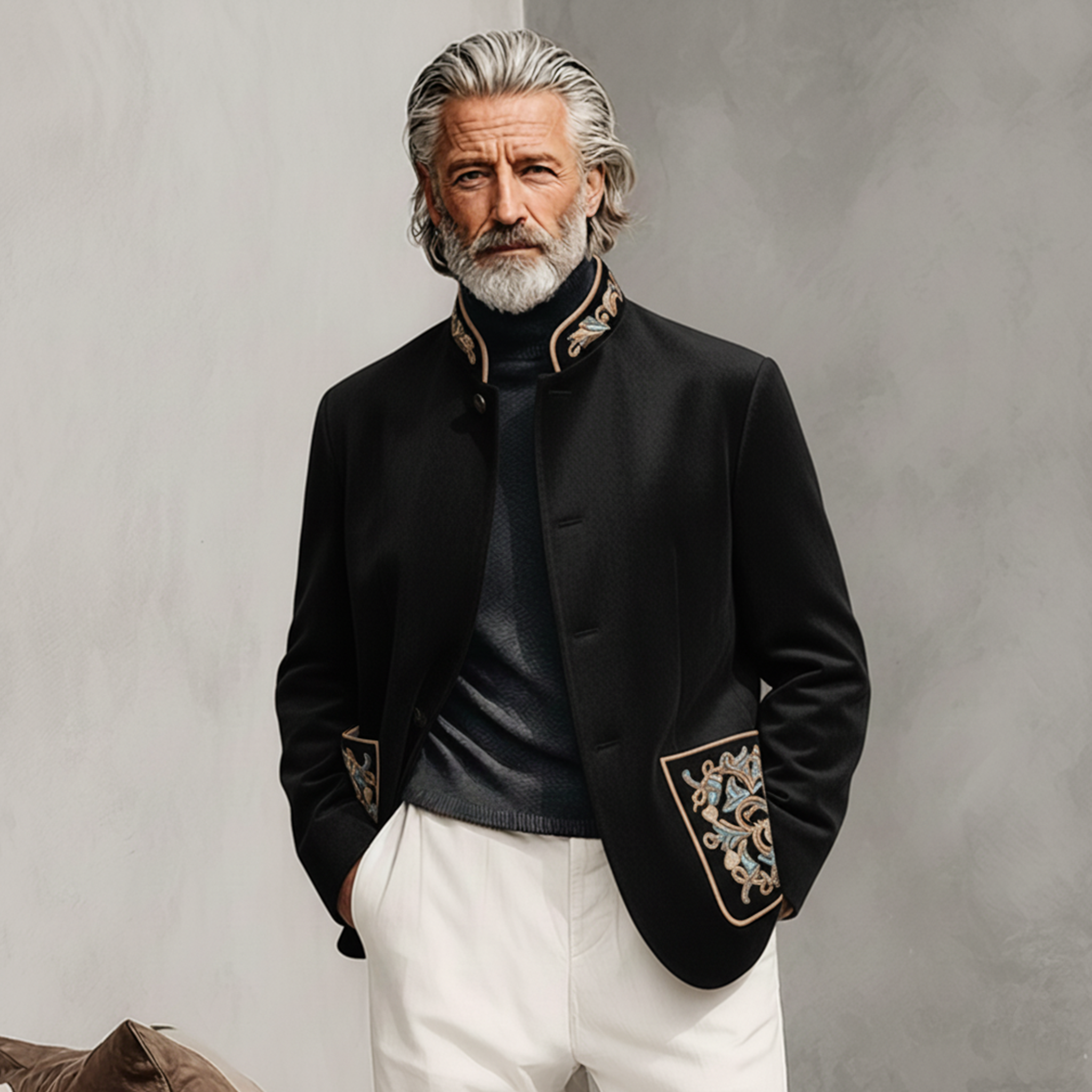 Men's Classic Retro Stand-up Collar And Embroidered Pocket Faux Velvet Single-breasted Jacket MTA0661K9K