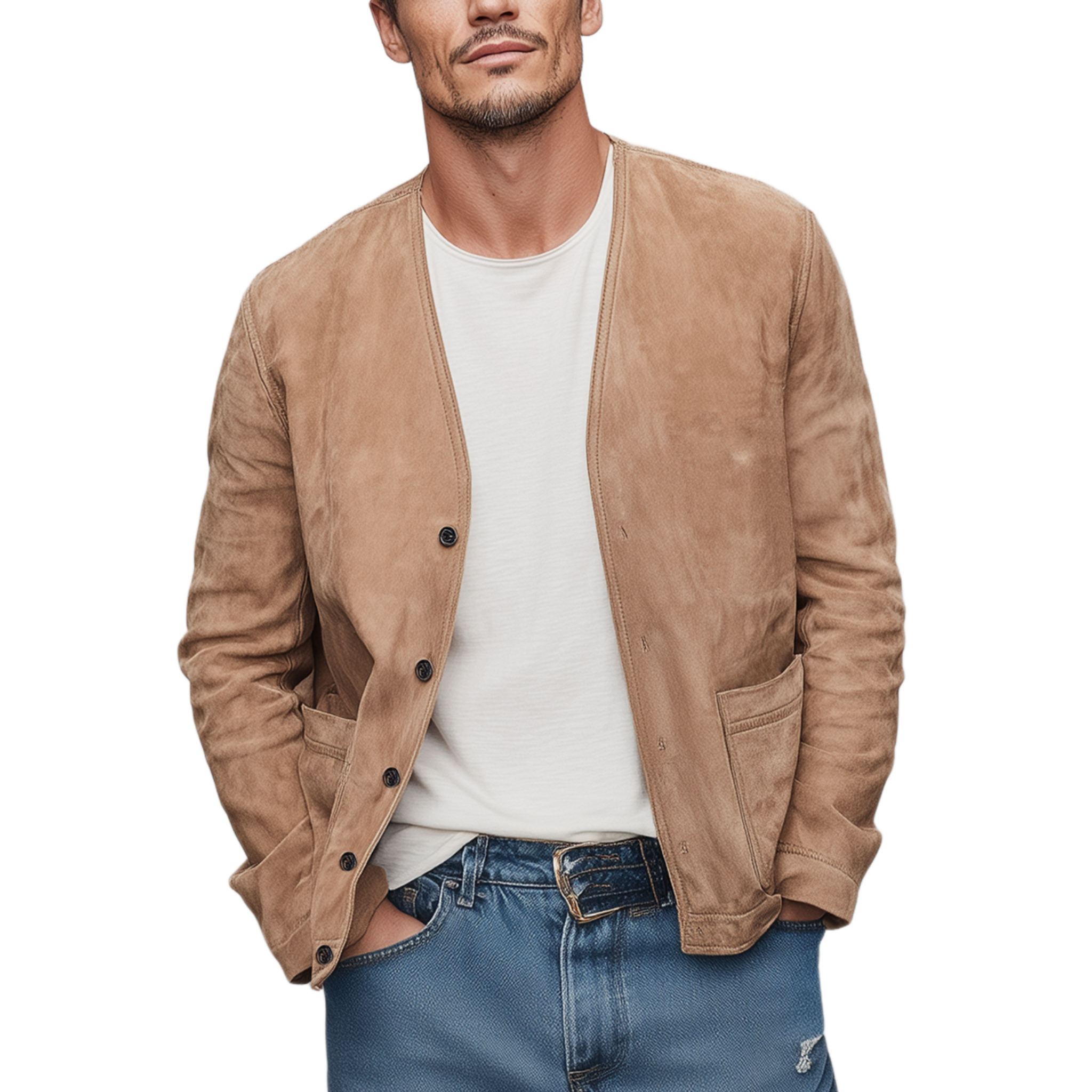 Men's Spring Casual Thin Suede Solid Color Collarless Loose Jacket MTA2275G4K