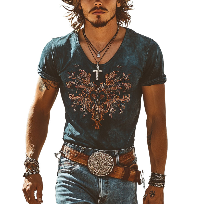 Men's Retro Western Cowboy Embroidered Short Sleeve T-Shirt MTA1321E7X