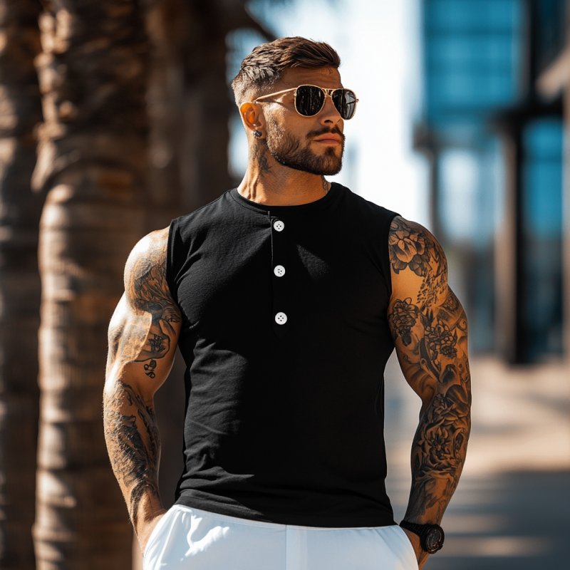Men's Casual Breathable Cotton Henley Collar Slim Fit Sports Tank Top MTA2620E6M