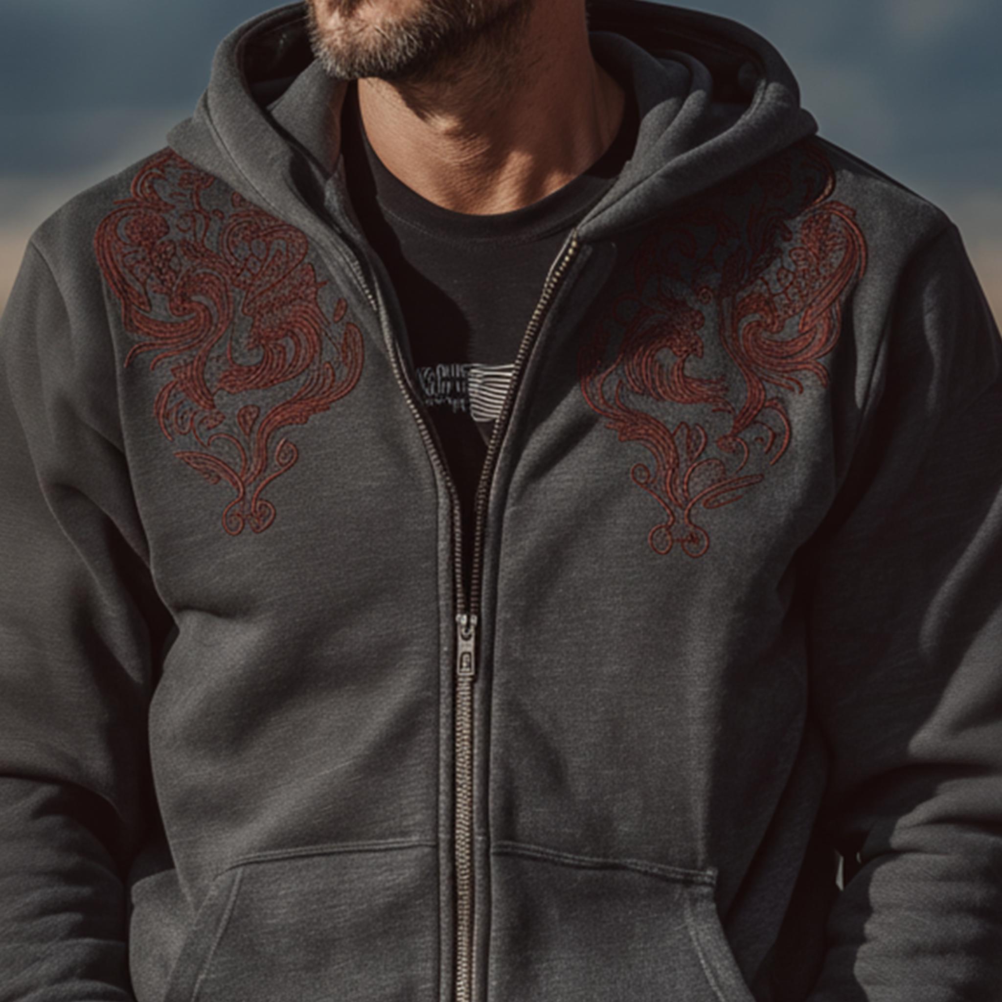 Men's Classic Retro Western Style Embroidered Air-layer Fabric Hooded Zip-up Jacket MTA0429L5K