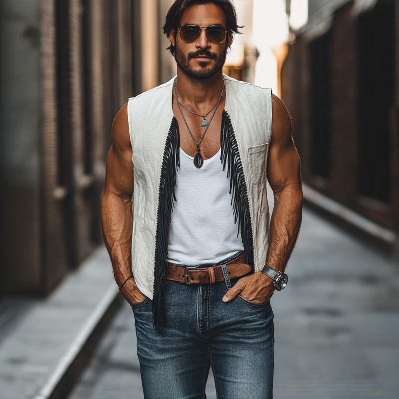 Men's Bohemian Linen Patch Pocket Tassel Panel Loose Vest MTA2181E2M