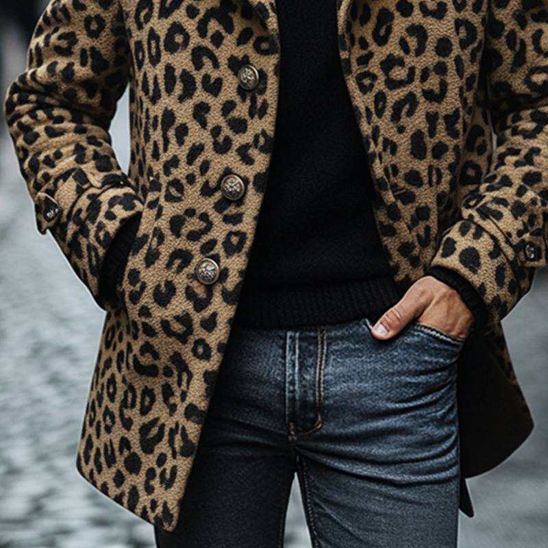 Men's Vintage Leopard Print Polar Fleece Lapel Mid-Length Coat MTA1382J8X