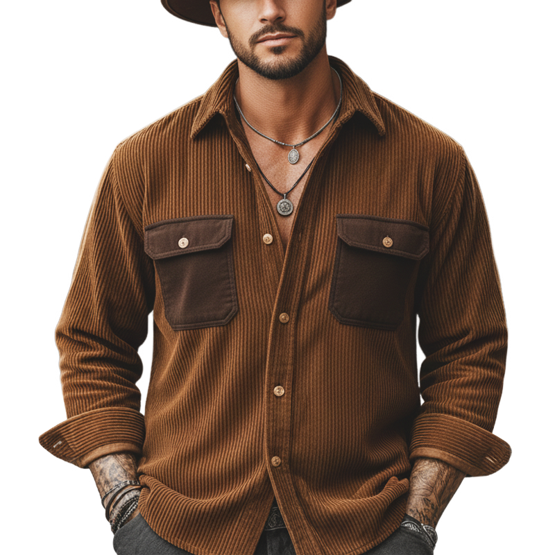 Men's Classic Corduroy Color-Blocked Pocket Long-Sleeve Shirt MTA2006L7U