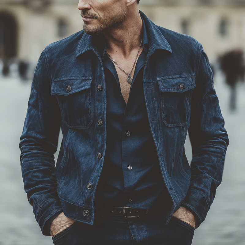 Men's Classic Navy Faux Suede High Hip Button-up Jacket MTZ0568A2U