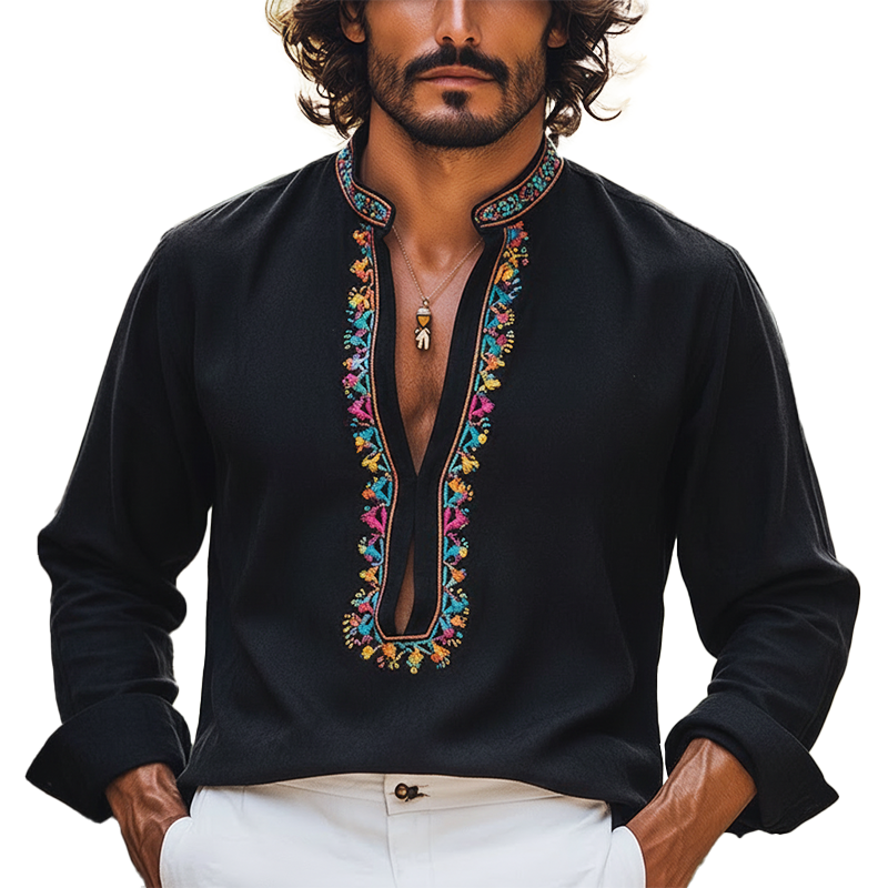 Men's Spring Fashion Embroidered U-neck Faux Suede Long-sleeved Shirt MTZ0837A0P