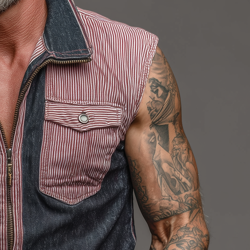 Men's Summer Retro Stitching Sleeveless Zipper Shirt MTA1475G3P
