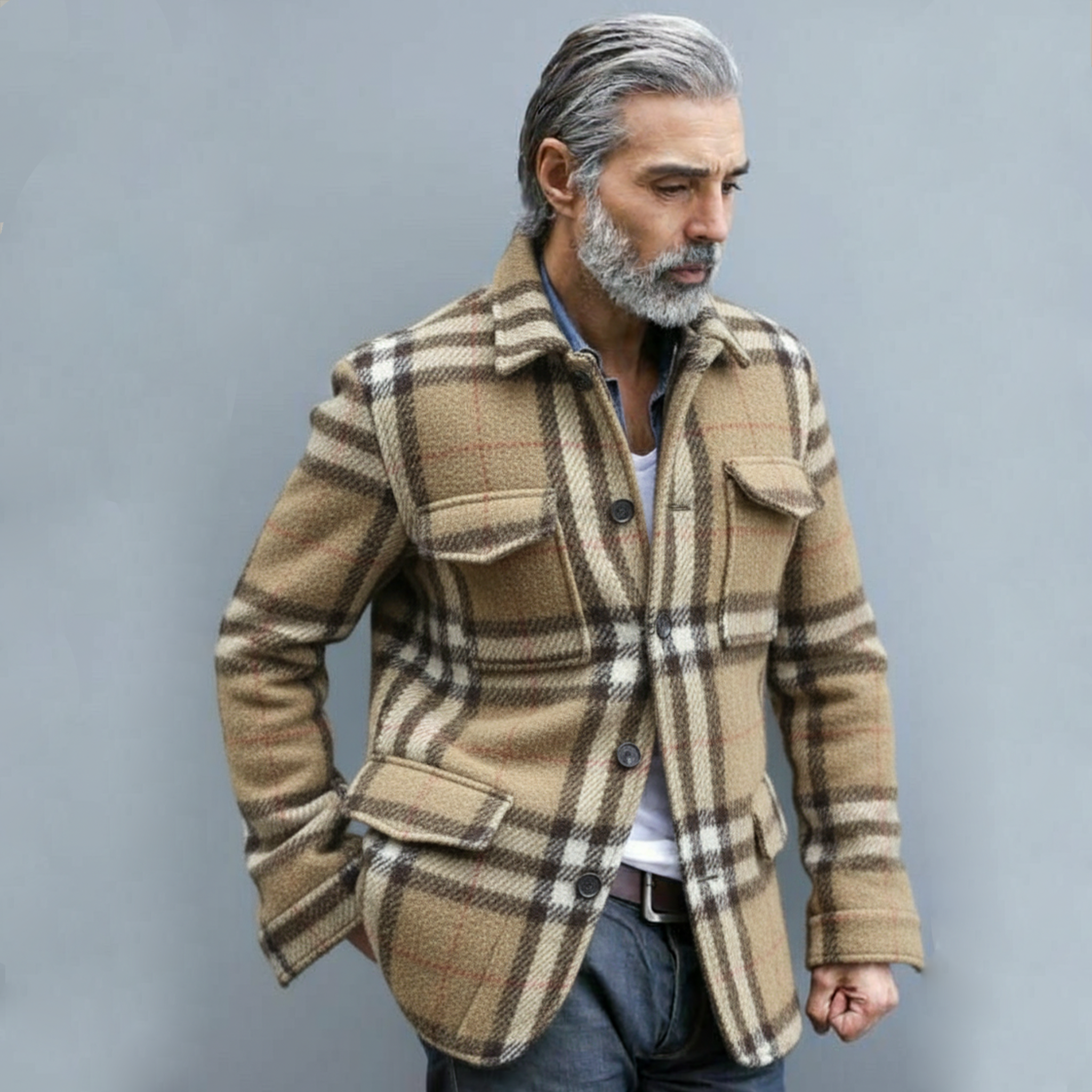 Men's Classic Light Business Lapel Single-breasted Faux Plaid Woolen Jacket With Multiple Pockets MTA3032I6K