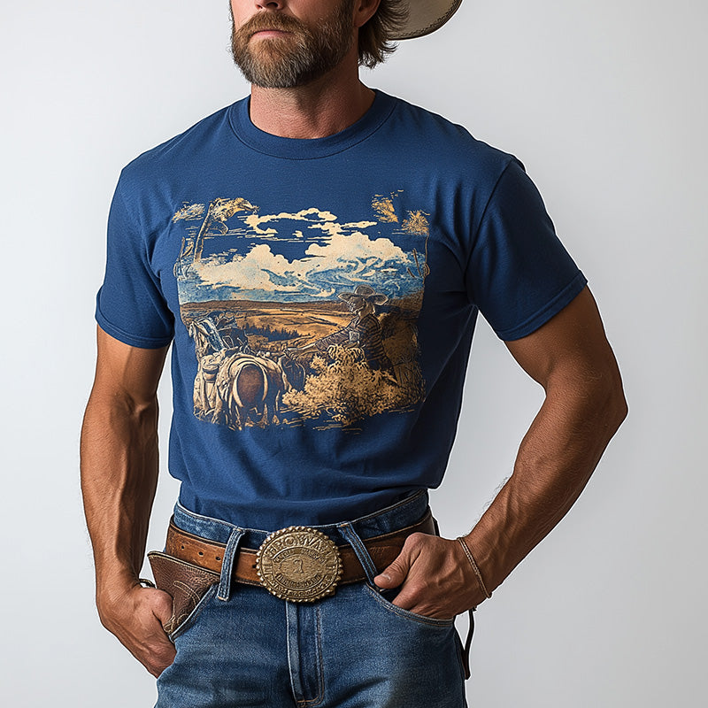 Men's Summer Western Cowboy Style Printed Cotton Blended Short Sleeve T-Shirt MTA2996D5P