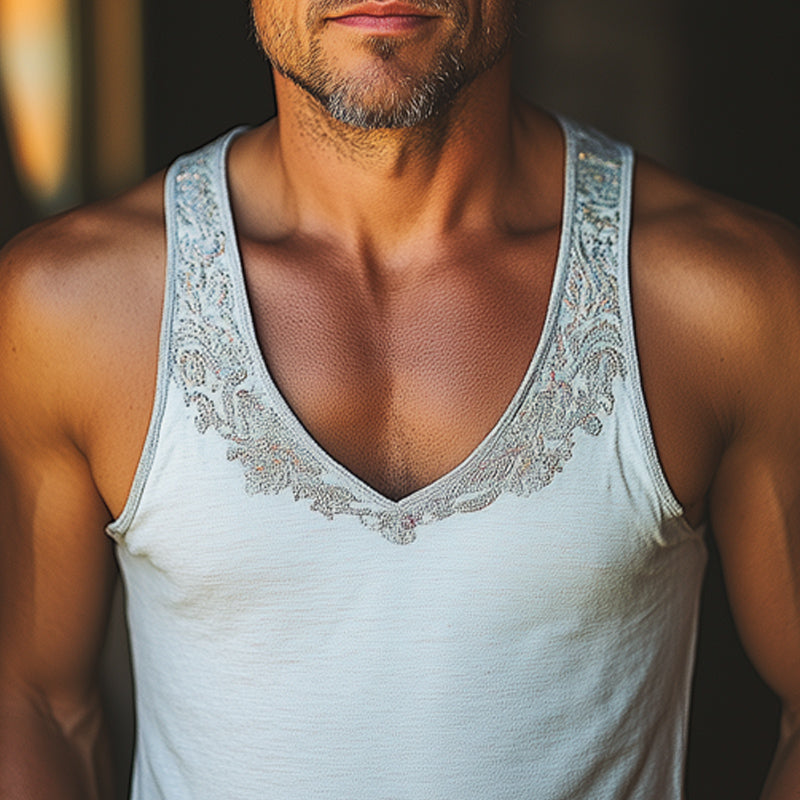 Men's Summer V-neck Cotton Embroidered Tank Top MTA3016D7U