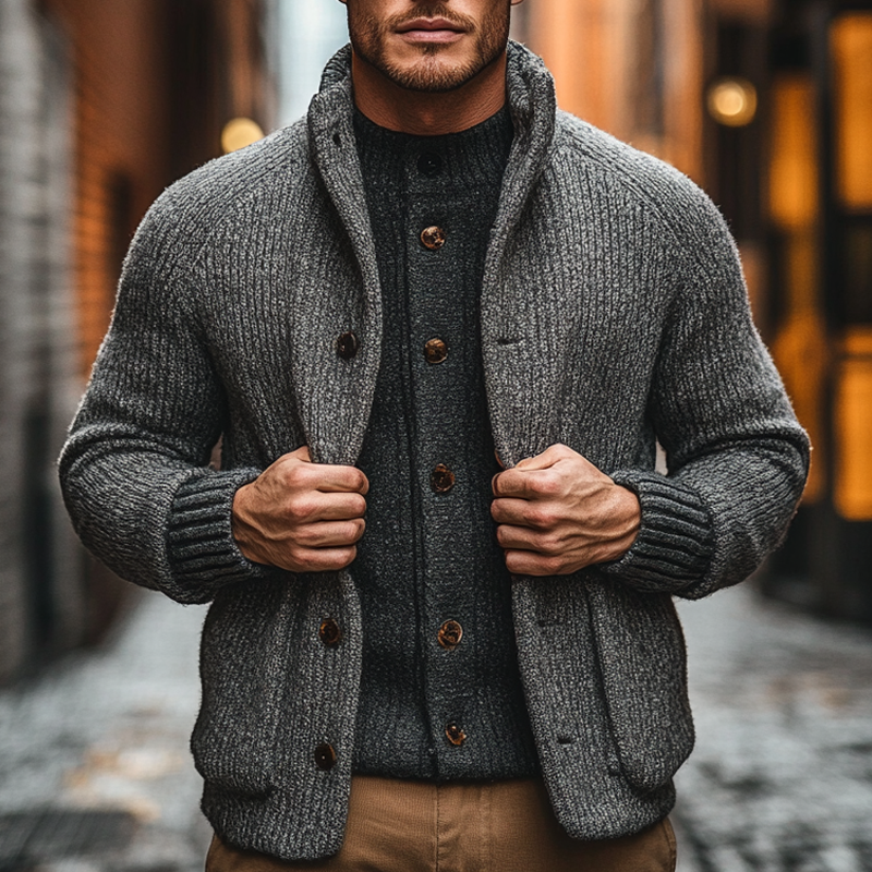 Men's Warm Knit Stand Collar Single-Breasted Cardigan MTA1665I7X