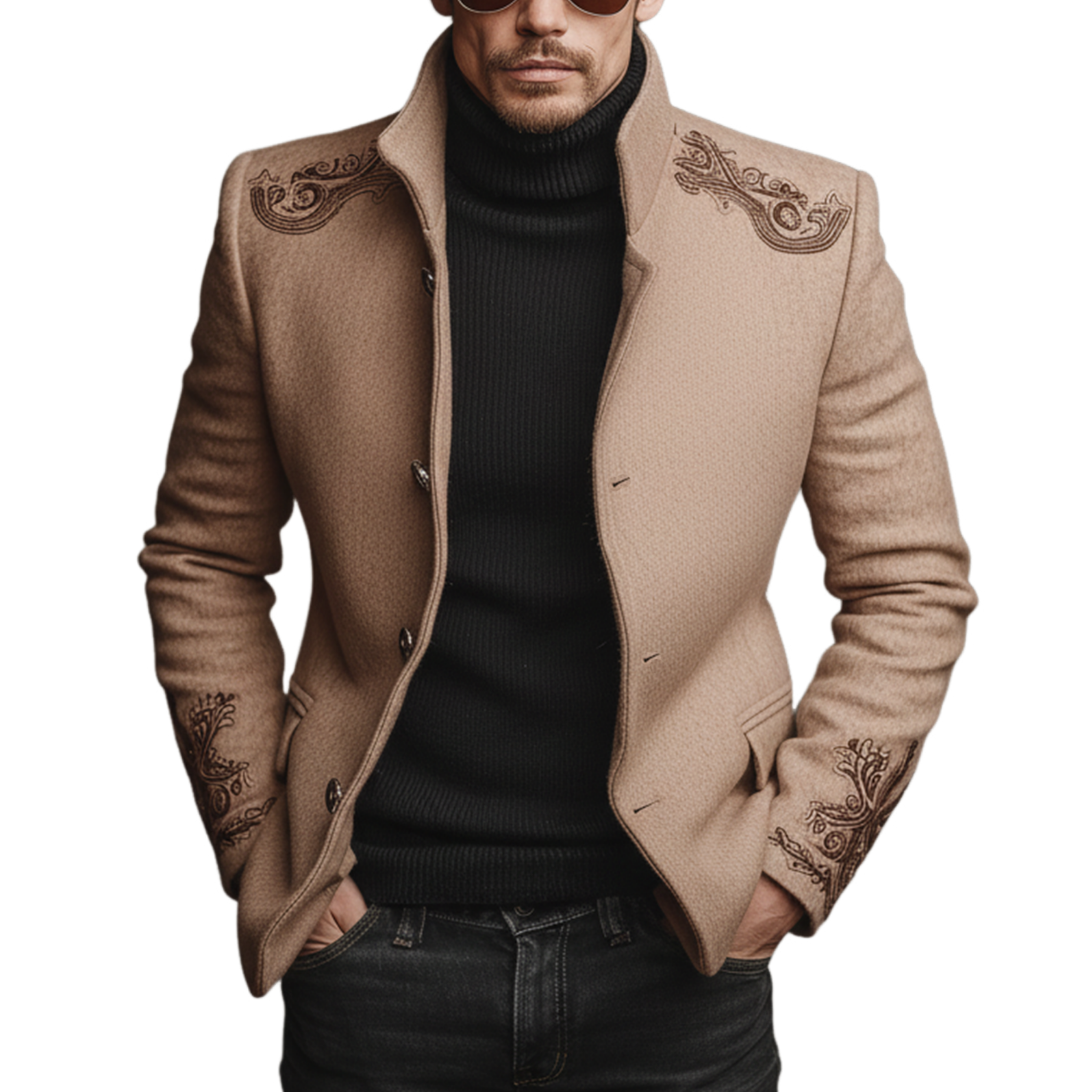 Men's Classic Retro Stand Collar Embroidered Pink Faux Woolen Jacket MTA0664K2K