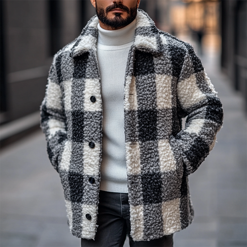 Men's Retro Casual Plaid Fleece Lapel Jacket MTA1821K5TO
