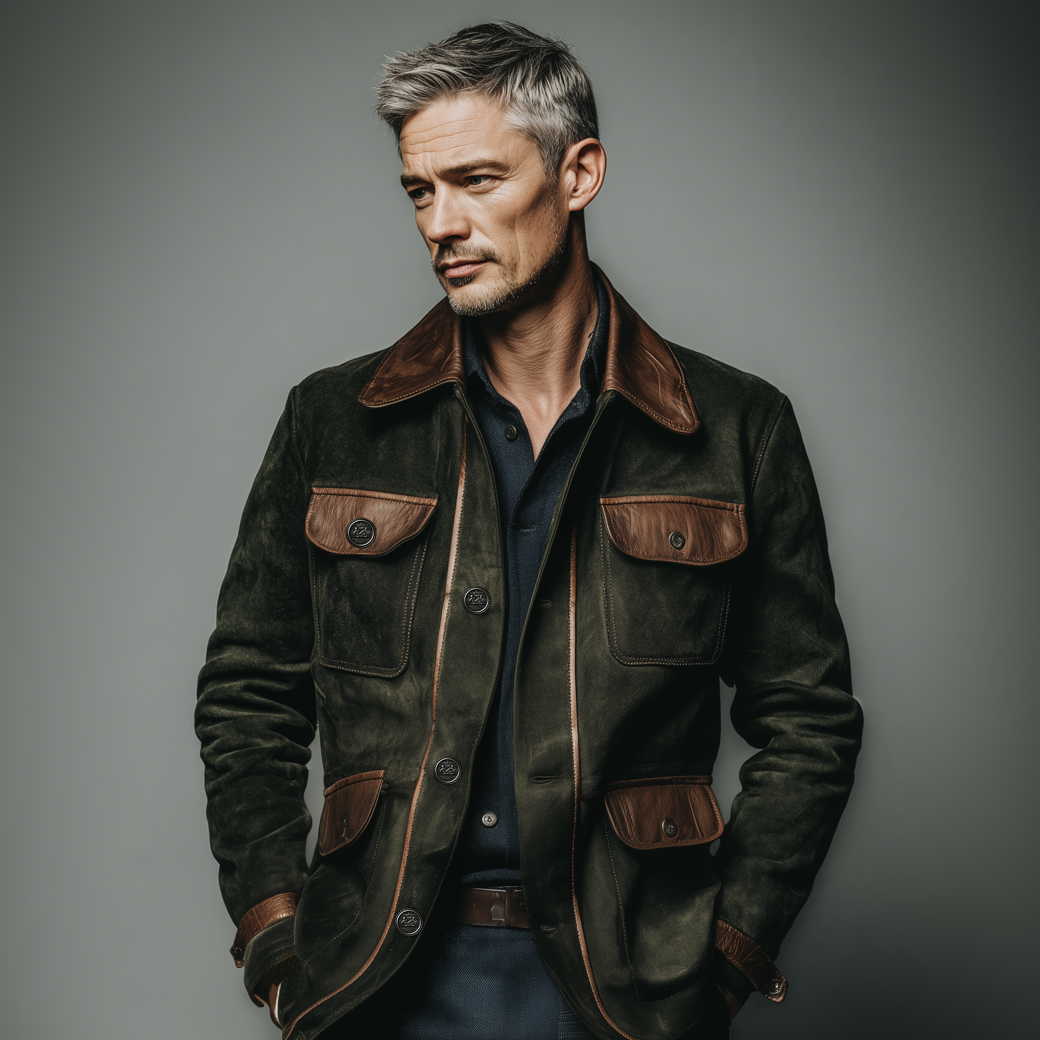 Men's Classic Casual Pocket And Collar Stitching PU Leather Multi-pocket Faux Suede Jacket MTA1354J8K