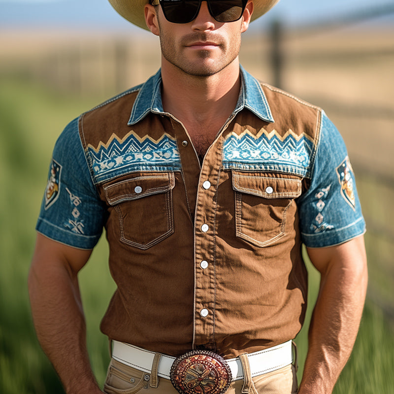 Men's Western Cowboy Style Vintage Printed Snap Button Denim Short Sleeve Shirt MTA1291E3U