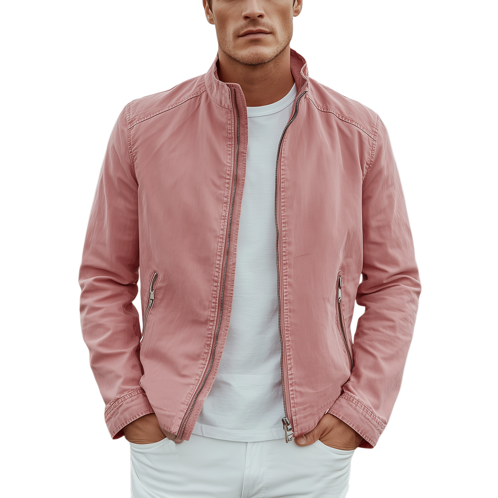 Men's Classic Casual Stand Collar Pink Cotton Blend Zip-Up Jacket MTA1080I6K