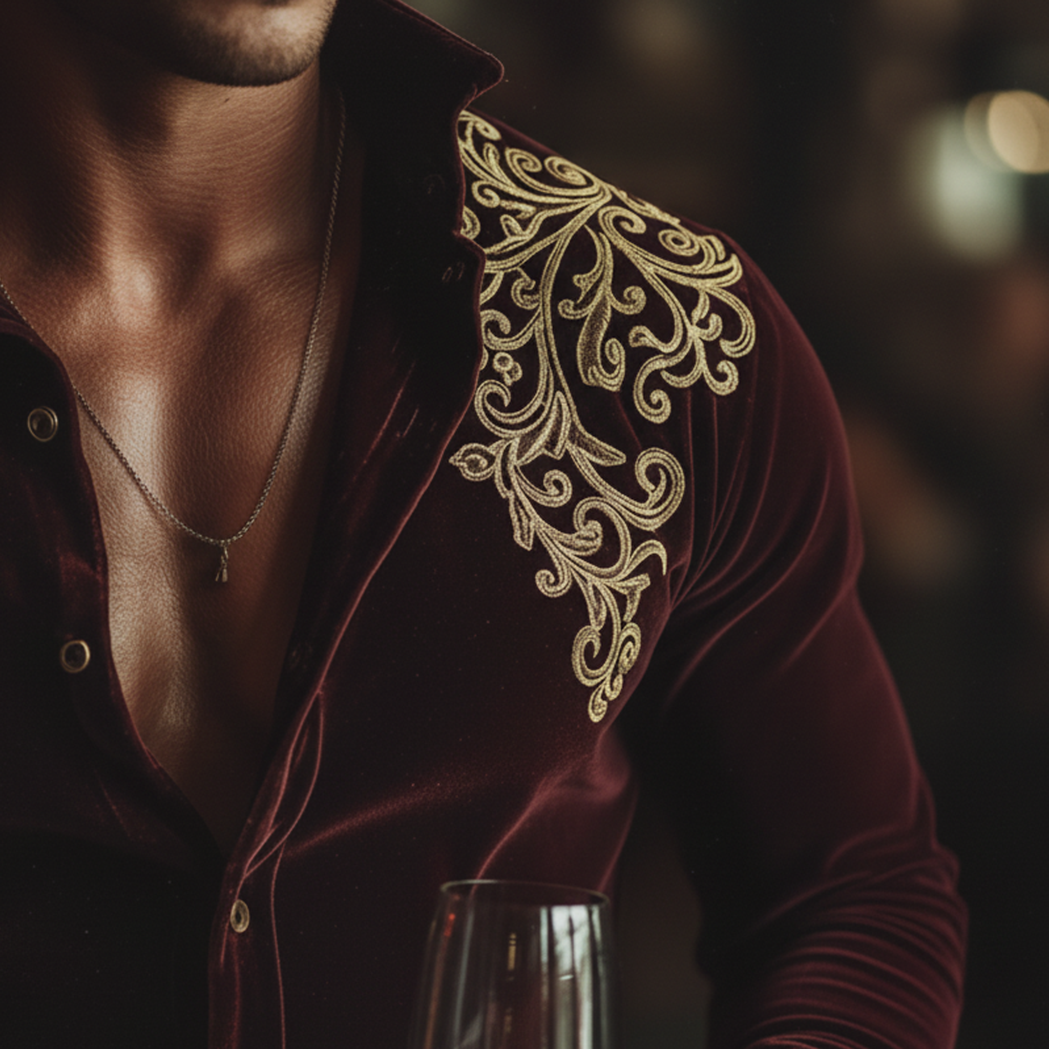 Men's Classic Retro Stand-collar Embroidered Faux Velvet Long-sleeved Shirt MTA0533L6K