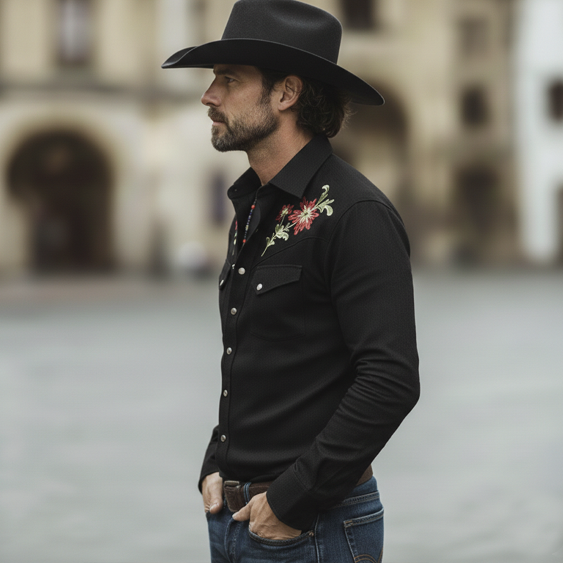 Men's Western Cowboy Style Twill 100% Cotton Floral Embroidery Long-Sleeve Shirt MTZ1297A1U