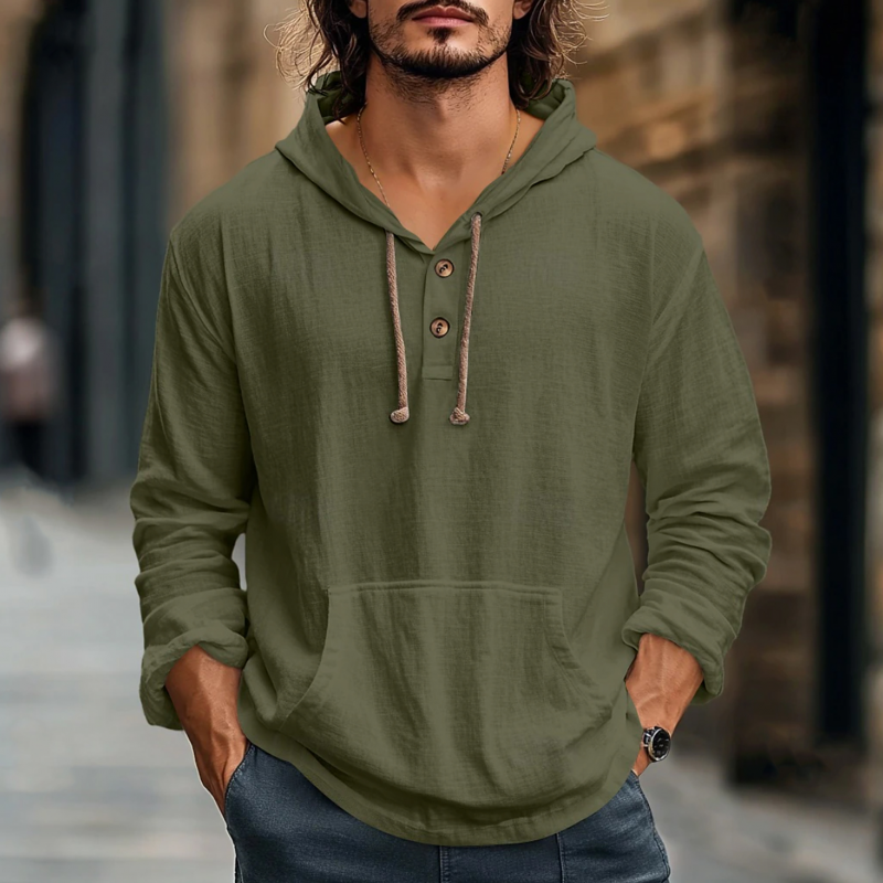 Men's Casual Solid Color Breathable Cotton Kangaroo Pocket Loose Long Sleeve Hoodie MTA2162G1M