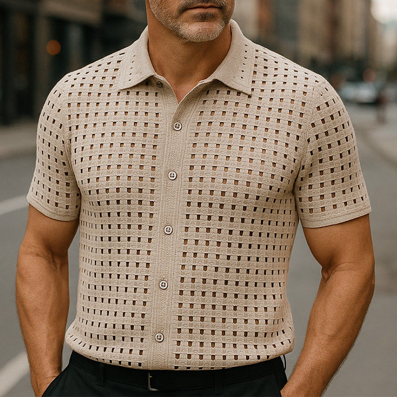 Men's Summer Elegant Simple Solid Color Cool Silk Knitted Short-Sleeved Shirt MTA2395E1P