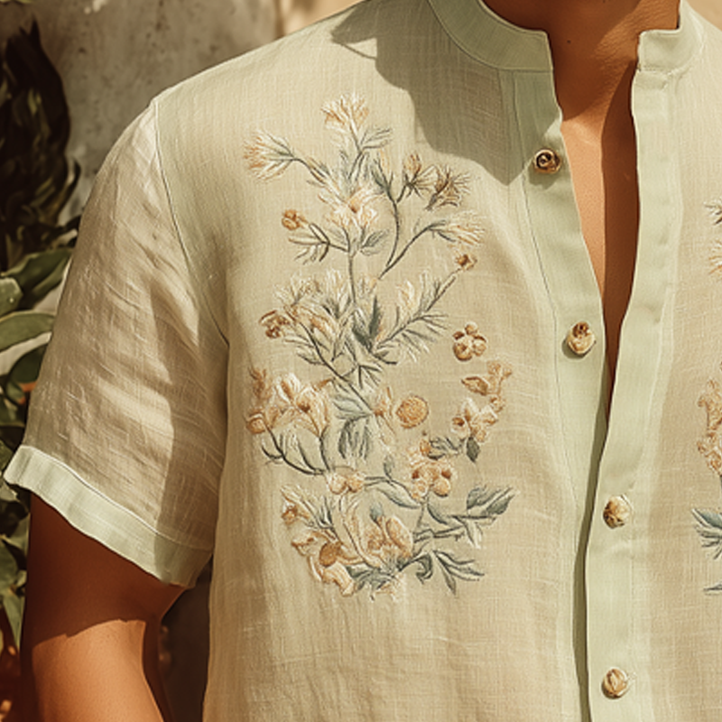Men's Summer Cotton Vintage Floral Embroidery Short Sleeve Shirt MTA0790G5U