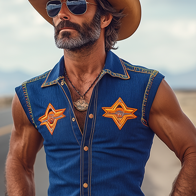 Men's Spring And Summer Fashion Retro Western Cowboy Style Tencel Denim Embroidery Metal Button Slim Sleeveless Shirt MTA1345E9K