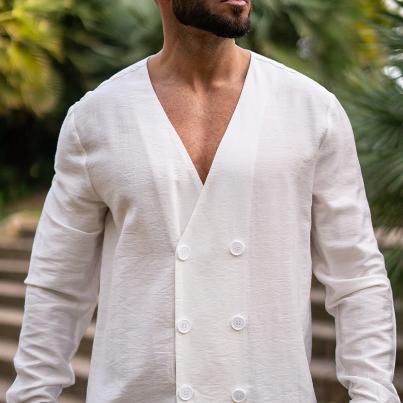 Men's Fashion Casual Tencel Cotton V-neck Double Breasted Long Sleeve Shirt MTA1414G4K