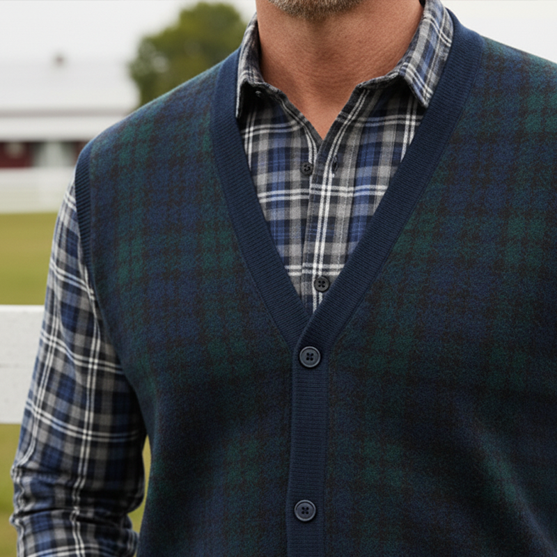 Men's Retro Color Block Plaid Cotton Knit Vest MTA1407K4P