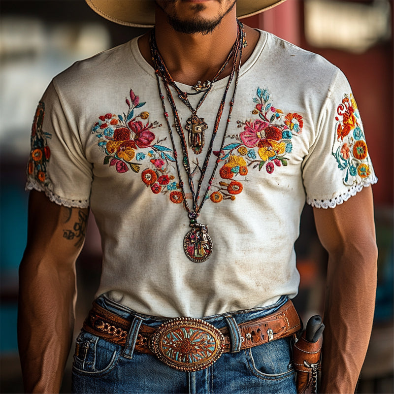 Men's Vintage Embroidered Round Neck Short Sleeve T-Shirt MTA2034E3X