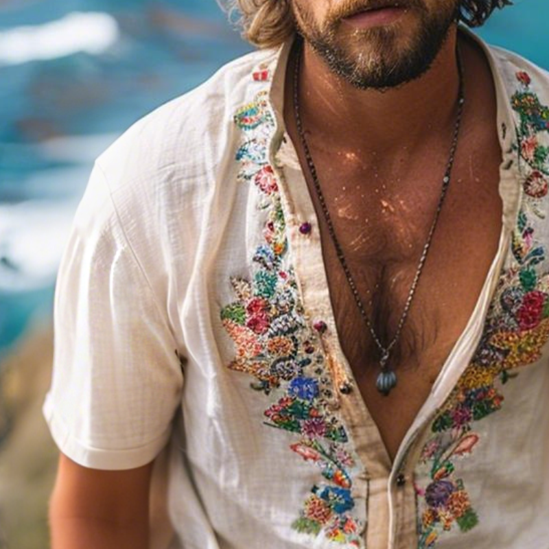 Men's Retro Casual Linen Embroidered Collarless Short Sleeve Shirt MTA2307E6TO