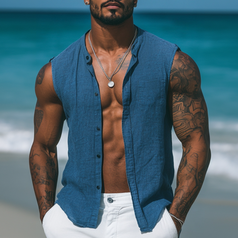 Men's Casual Breathable Cotton Linen Stand Collar Single-Breasted Slim Fit Sleeveless Shirt MTA1358E0M