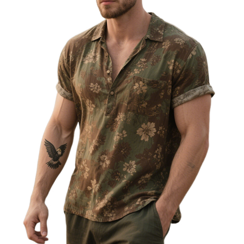 Men's Retro Casual Distressed Floral Print Lapel Short Sleeve Shirt MTA2131E7TO