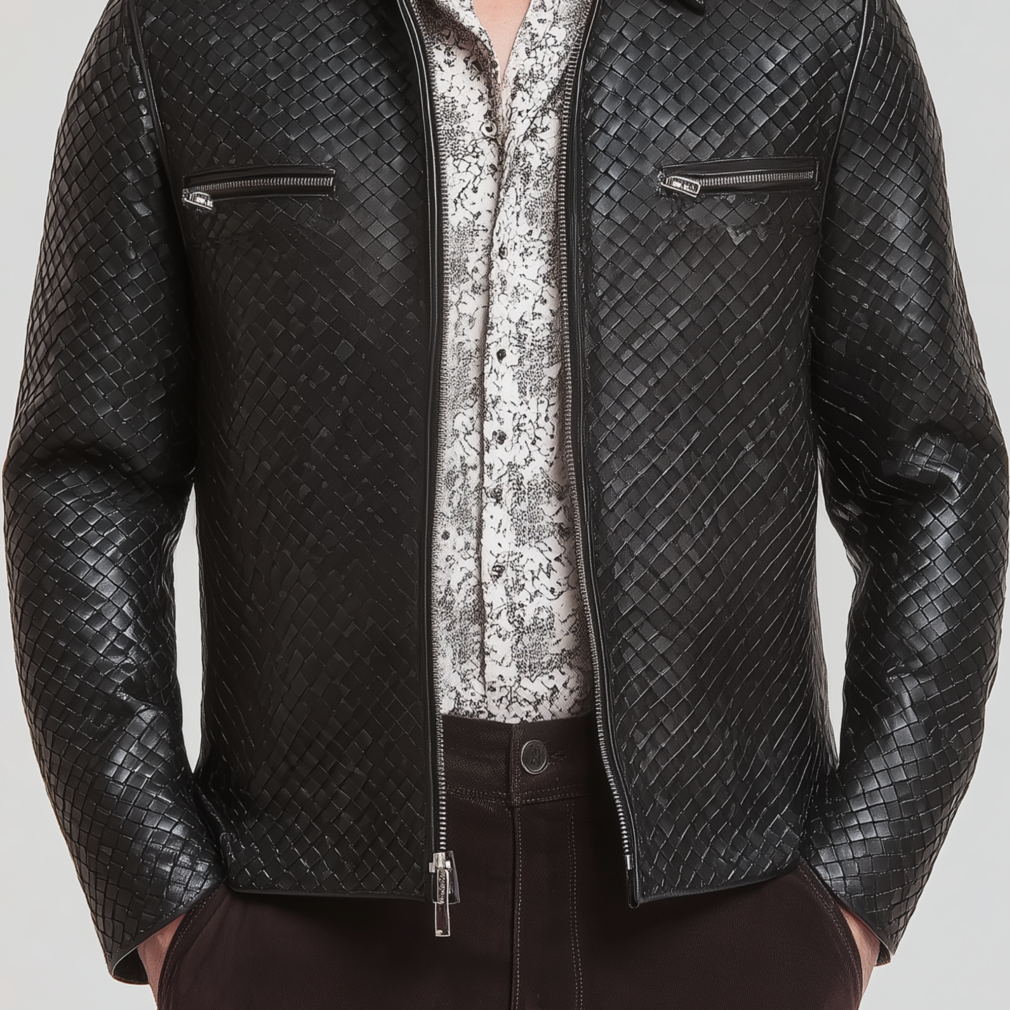 Men's Classic Casual Woven Textured Leather Zip-Up Jacket MTA1129H7K