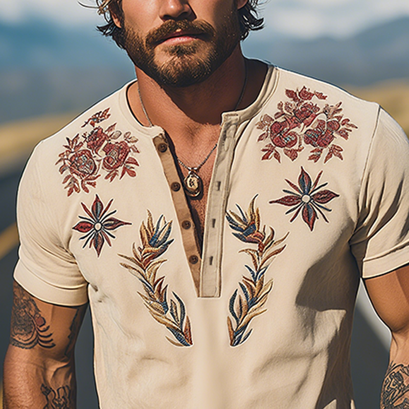 Men's Spring And Summer New American Retro Western Cowboy Thin Suede Embroidered Henry Collar Short-sleeved T-shirt MTA1800F9K