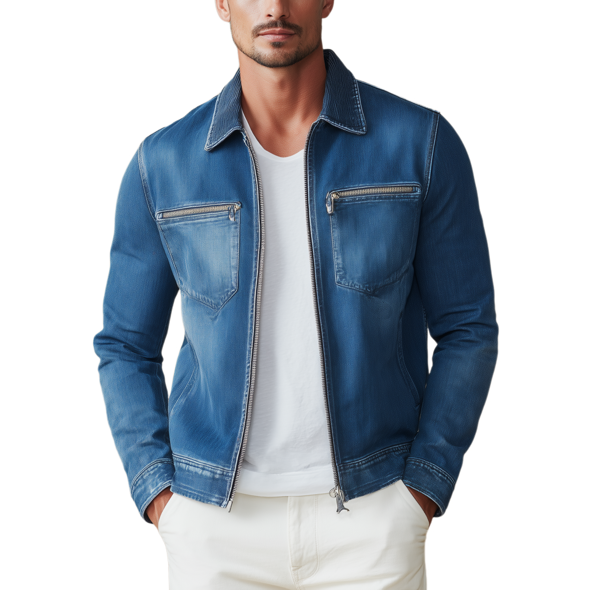 Men's Classic Casual Corduroy Collar Zipper Washed Denim Slim Fit Jacket MTA0772H5K