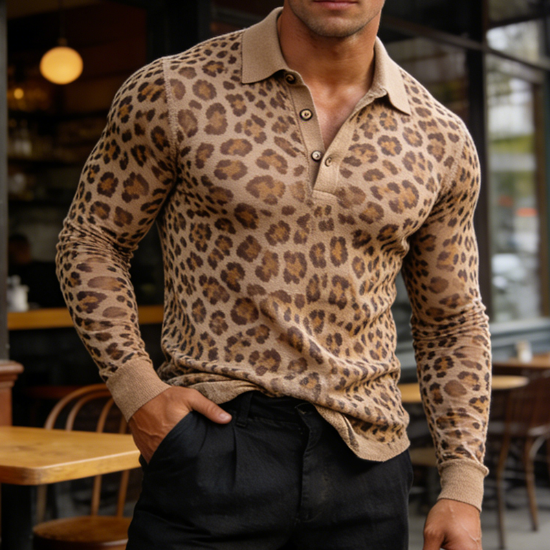 Men's Retro Casual Thin Leopard Print Knitted Lapel Sweater MTZ0830A6TO