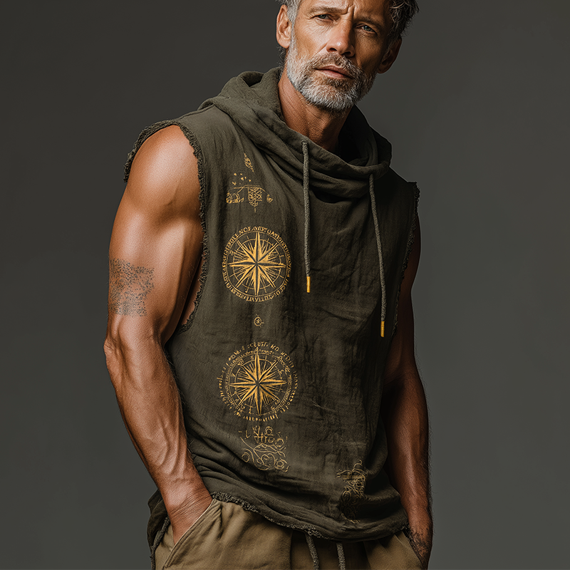 Men's Summer Retro Printed Cotton And Linen Sleeveless Hooded Tank Top MTA1731F2P