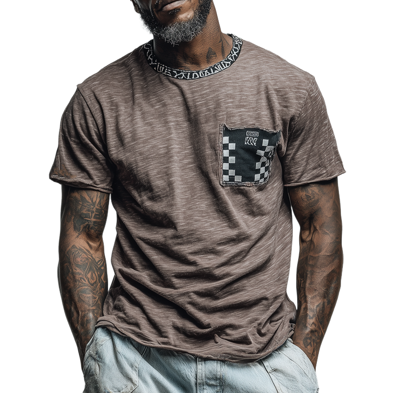 Men's Loose Round Neck Plaid Short Sleeve T-Shirt MTA1940F8X