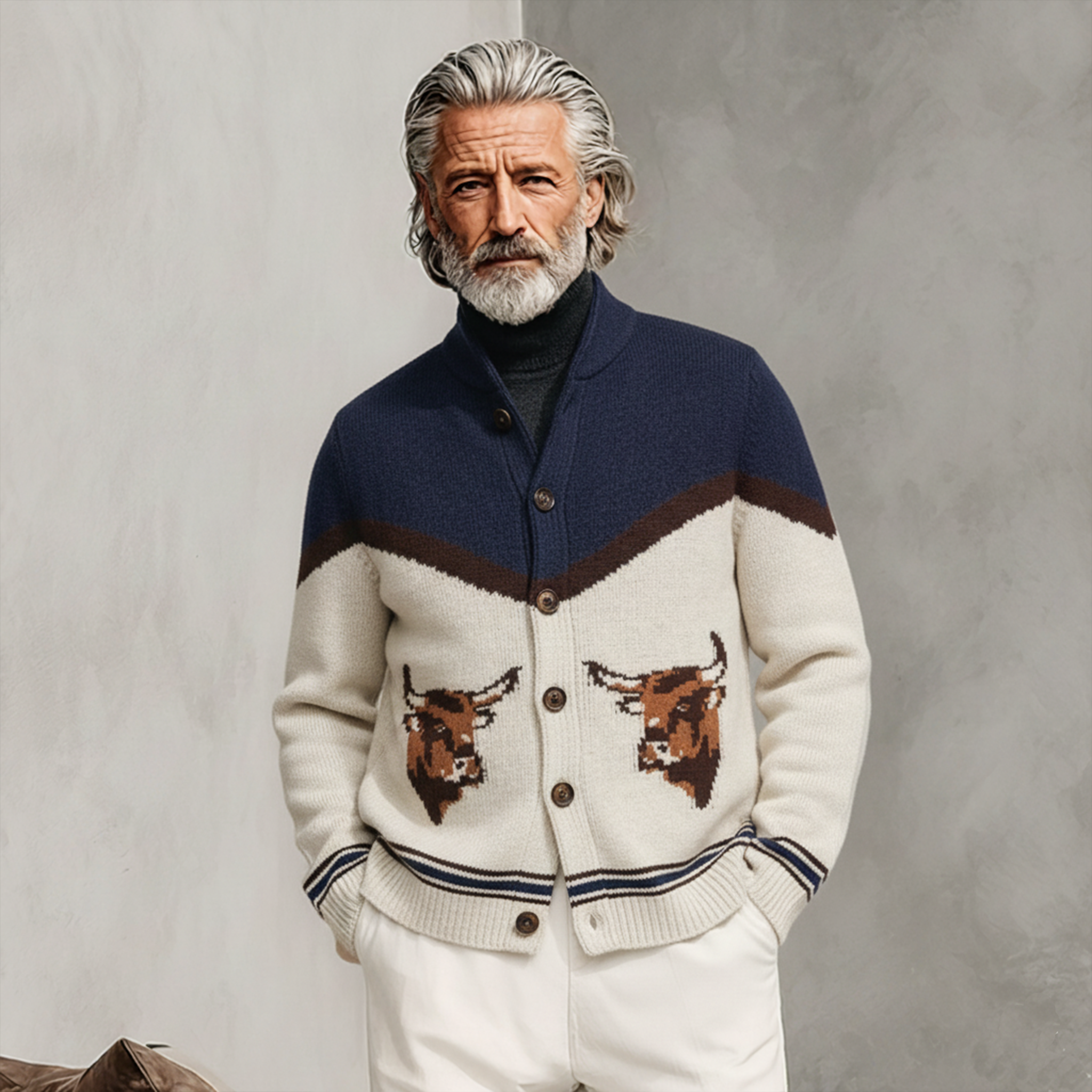 Men's Classic Old-money Style Stand-up Collar Animal Jacquard Knit Cardigan MTA0631K5K