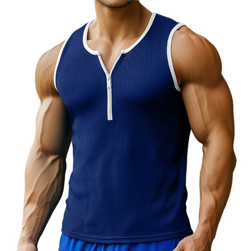 Men's Casual Cotton Blend Contrast Color Ribbed Zipper Neck Slim Fit Tank Top MTA1460E0M