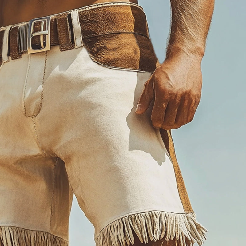 Men's Summer Western Cowboy Style Suede Colorblock Tassel Shorts MTA0709E6U