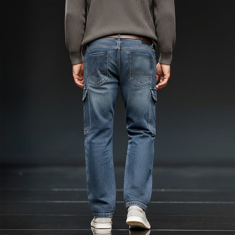 Men's Classic Straight-leg Dark Blue Multi-pocket Jeans MTA2493J3U